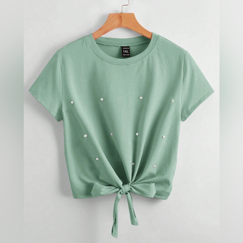 SHEIN Light Green Short Sleeve Top with Pearl Details